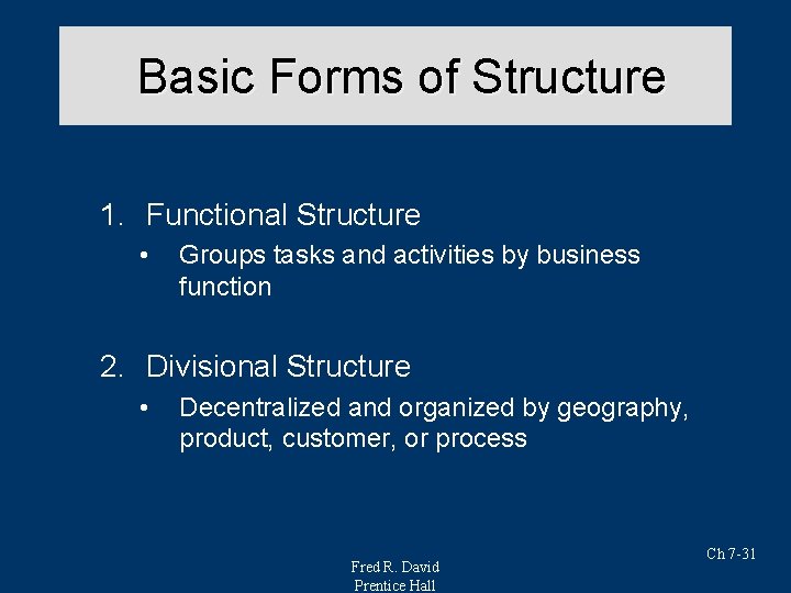 Basic Forms of Structure 1. Functional Structure • Groups tasks and activities by business