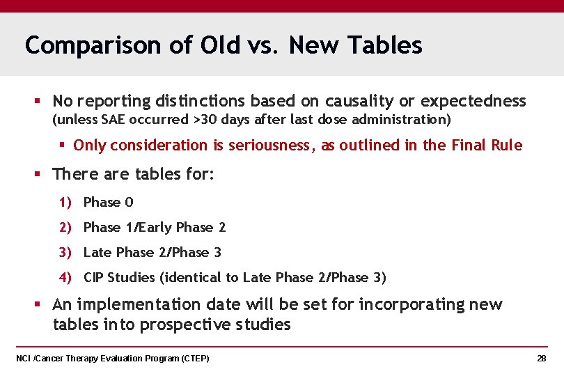 Comparison of Old vs. New Tables § No reporting distinctions based on causality or