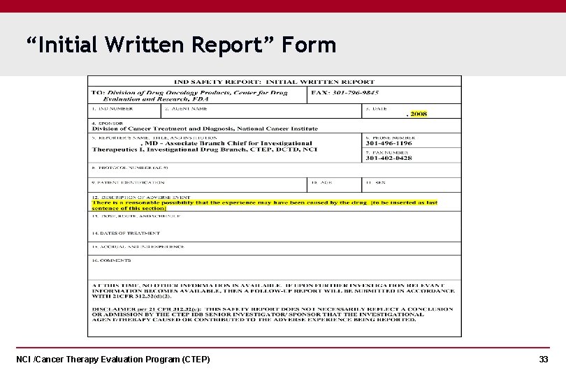 “Initial Written Report” Form NCI /Cancer Therapy Evaluation Program (CTEP) 33 
