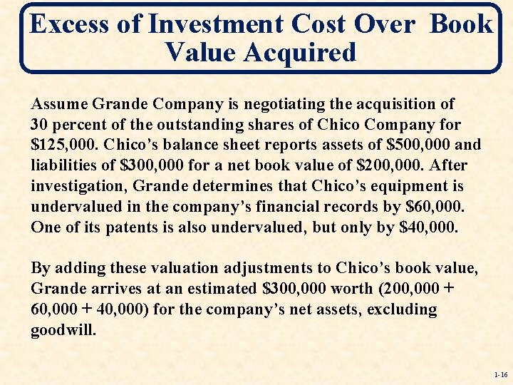 Excess of Investment Cost Over Book Value Acquired Assume Grande Company is negotiating the