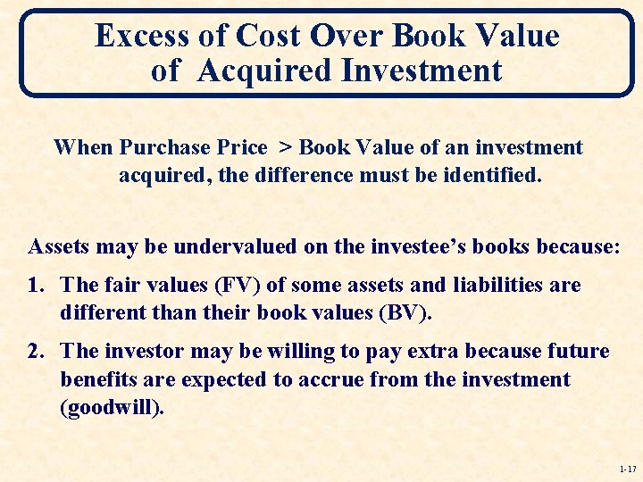 Excess of Cost Over Book Value of Acquired Investment When Purchase Price > Book