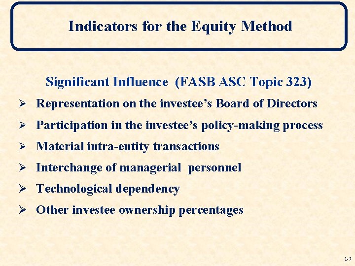 Indicators for the Equity Method Significant Influence (FASB ASC Topic 323) Ø Representation on