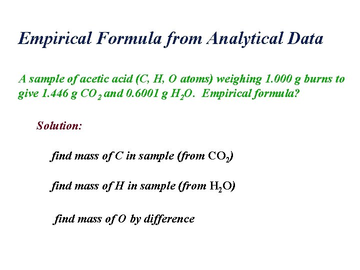 Empirical Formula from Analytical Data A sample of acetic acid (C, H, O atoms)