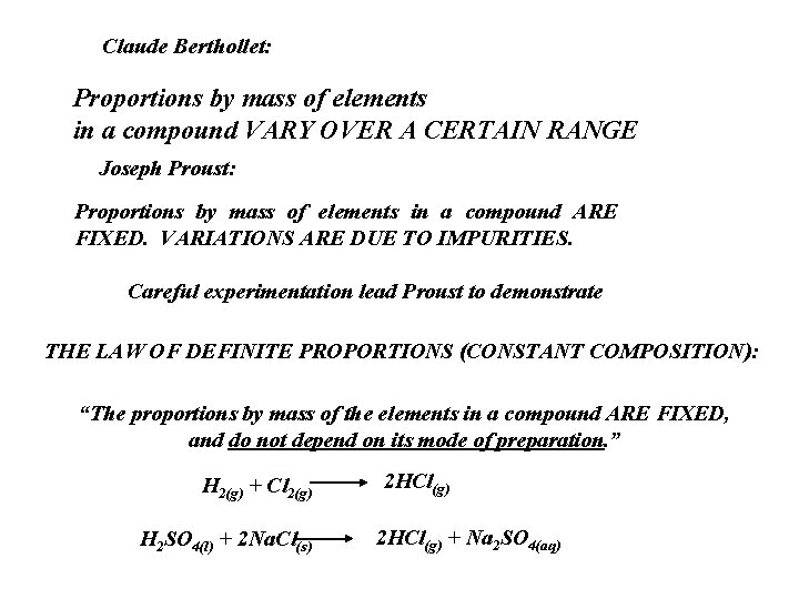 Claude Berthollet: Proportions by mass of elements in a compound VARY OVER A CERTAIN Claude Berthollet: Proportions by mass of elements in a compound VARY OVER A CERTAIN