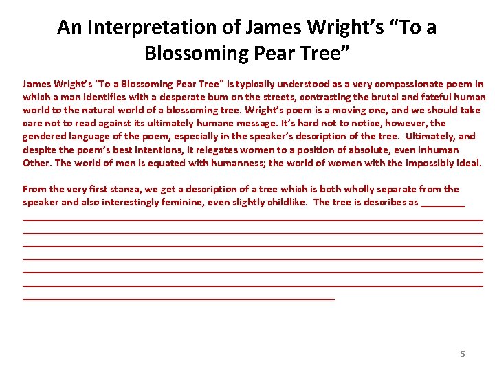 An Interpretation of James Wright’s “To a Blossoming Pear Tree” is typically understood as