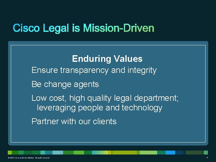 Enduring Values Ensure transparency and integrity Be change agents Low cost, high quality legal