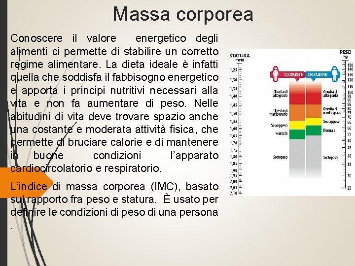 Massa corporea Conoscere il valore energetico degli alimenti ci permette di stabilire un corretto