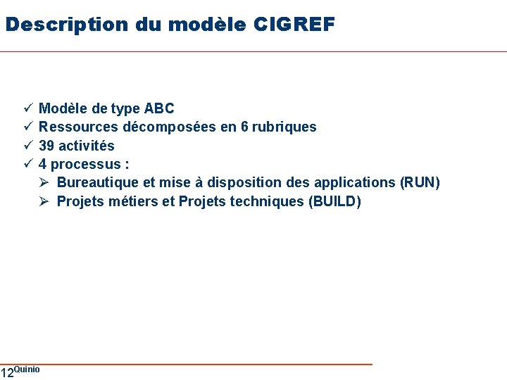 Description du modèle CIGREF ü Modèle de type ABC ü Ressources décomposées en 6