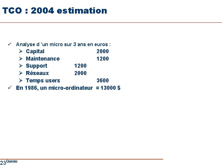 TCO : 2004 estimation ü Analyse d ’un micro sur 3 ans en euros