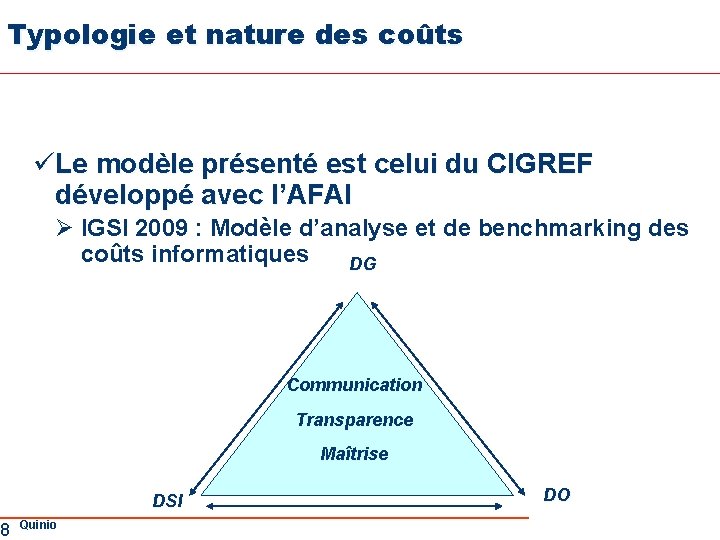 Typologie et nature des coûts 8 üLe modèle présenté est celui du CIGREF développé