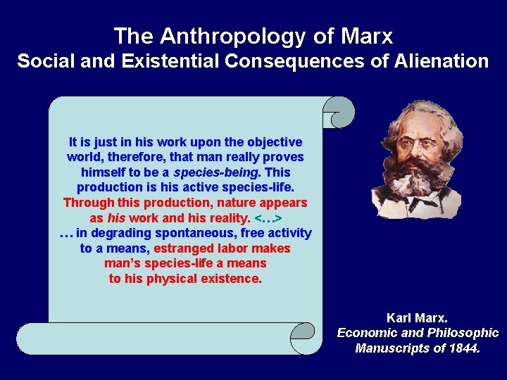 The Anthropology of Marx Social and Existential Consequences of Alienation It is just in