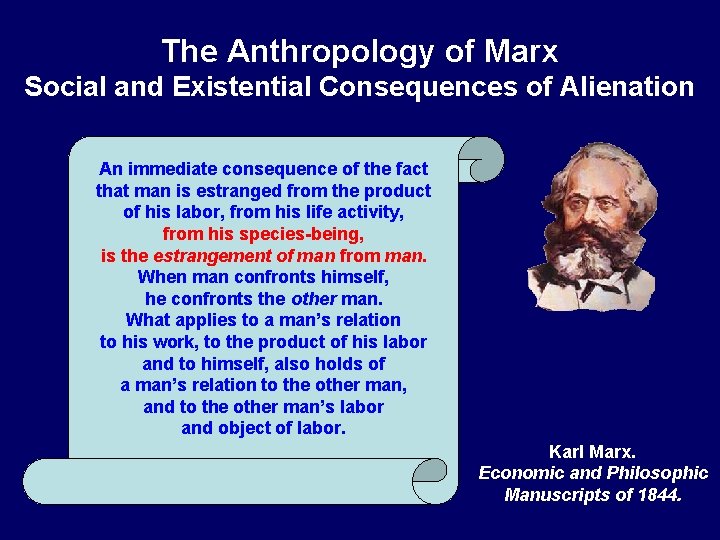 The Anthropology of Marx Social and Existential Consequences of Alienation An immediate consequence of