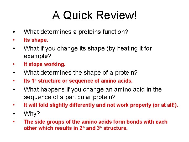 A Quick Review! • What determines a proteins function? • Its shape. • What