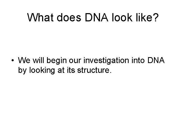 What does DNA look like? • We will begin our investigation into DNA by