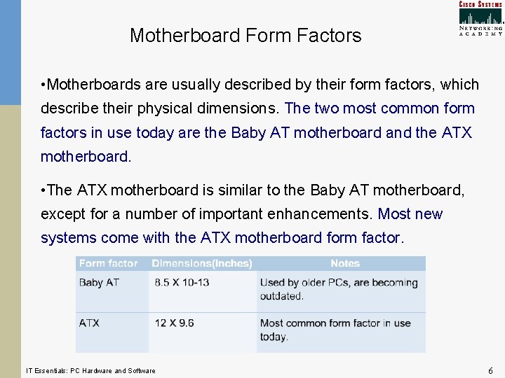 Motherboard Form Factors • Motherboards are usually described by their form factors, which describe Motherboard Form Factors • Motherboards are usually described by their form factors, which describe
