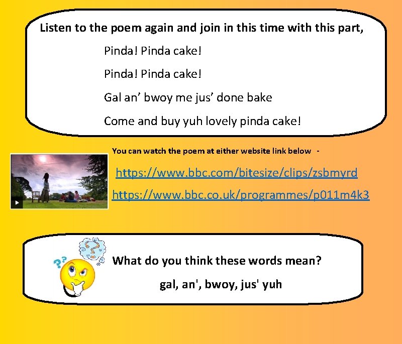 Listen to the poem again and join in this time with this part, Pinda!