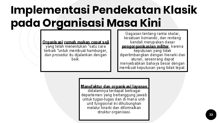 Implementasi Pendekatan Klasik pada Organisasi Masa Kini Organisasi rumah makan cepat saji yang telah