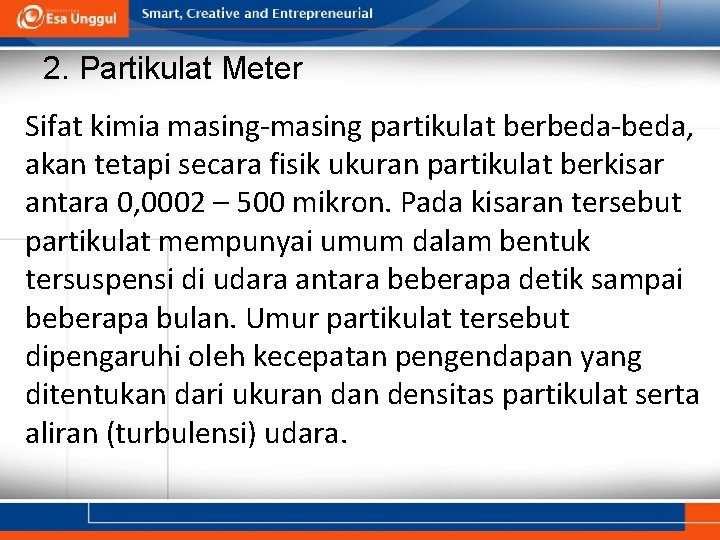 2. Partikulat Meter Sifat kimia masing-masing partikulat berbeda-beda, akan tetapi secara fisik ukuran partikulat