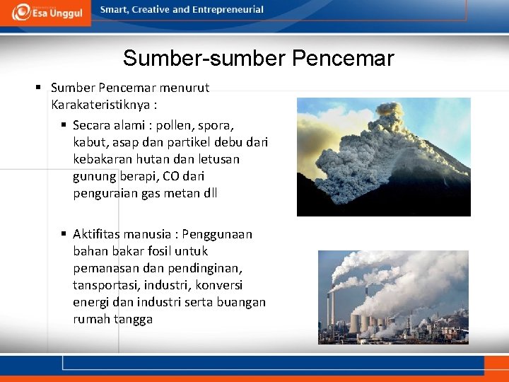 Sumber-sumber Pencemar § Sumber Pencemar menurut Karakateristiknya : § Secara alami : pollen, spora,