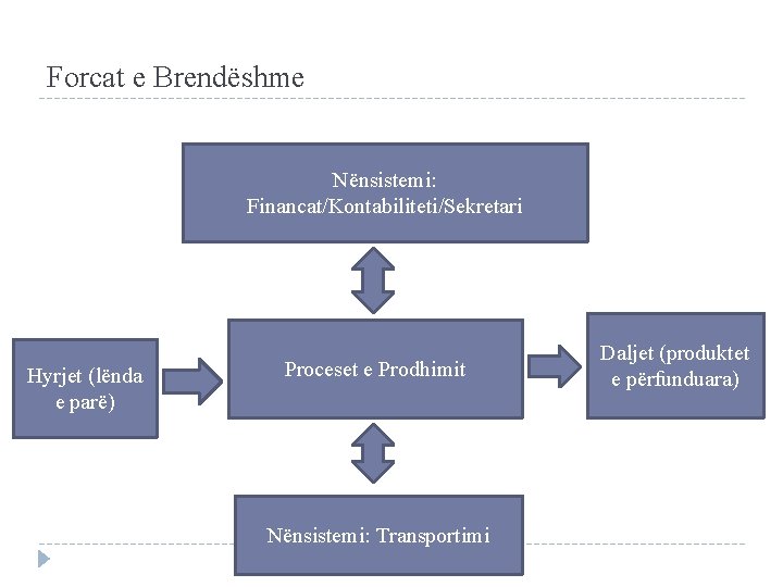 Forcat e Brendëshme Nënsistemi: Financat/Kontabiliteti/Sekretari Hyrjet (lënda e parë) Proceset e Prodhimit Nënsistemi: Transportimi