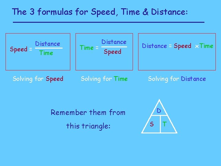 The 3 formulas for Speed, Time & Distance: Distance Speed = Time Solving for