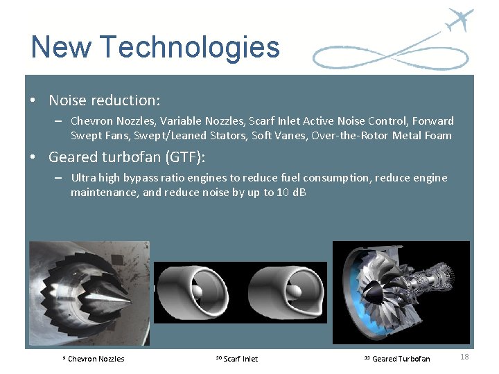 New Technologies • Noise reduction: – Chevron Nozzles, Variable Nozzles, Scarf Inlet Active Noise New Technologies • Noise reduction: – Chevron Nozzles, Variable Nozzles, Scarf Inlet Active Noise