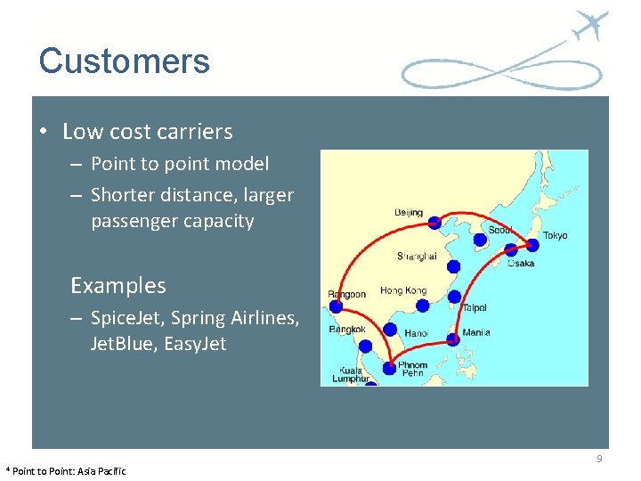 Customers • Low cost carriers – Point to point model – Shorter distance, larger Customers • Low cost carriers – Point to point model – Shorter distance, larger