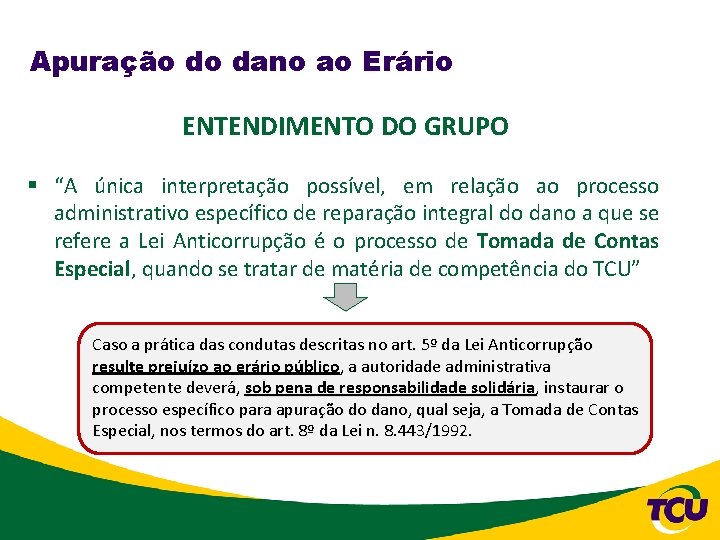 Apuração do dano ao Erário ENTENDIMENTO DO GRUPO § “A única interpretação possível, em