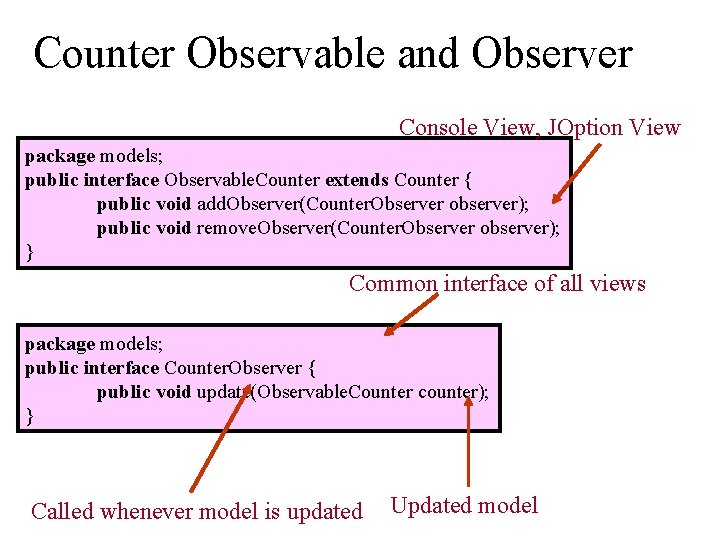 Counter Observable and Observer Console View, JOption View package models; public interface Observable. Counter