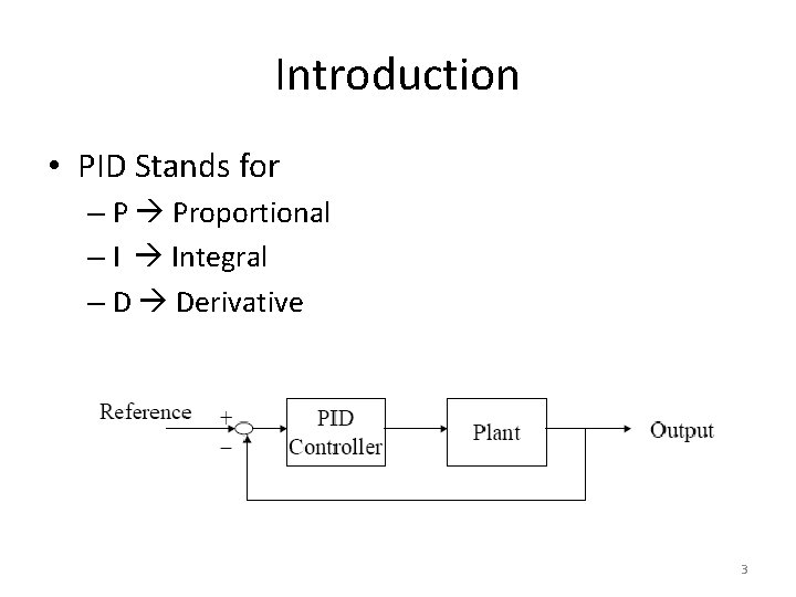 Introduction • PID Stands for – P Proportional – I Integral – D Derivative