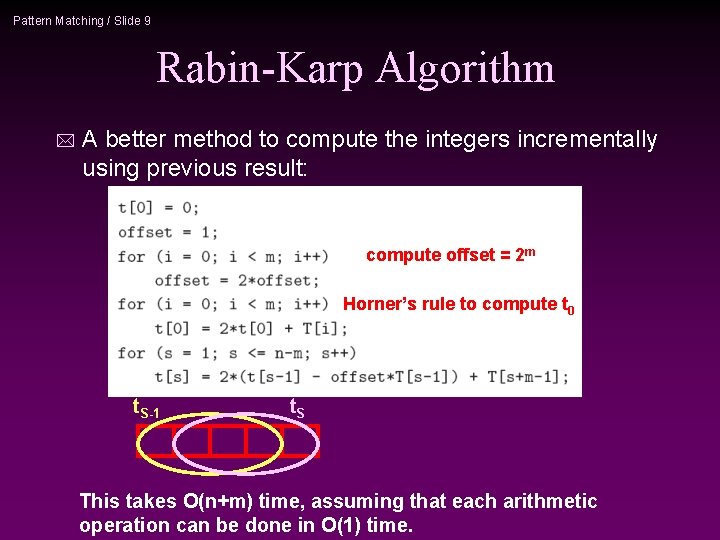 Pattern Matching / Slide 9 Rabin-Karp Algorithm * A better method to compute the