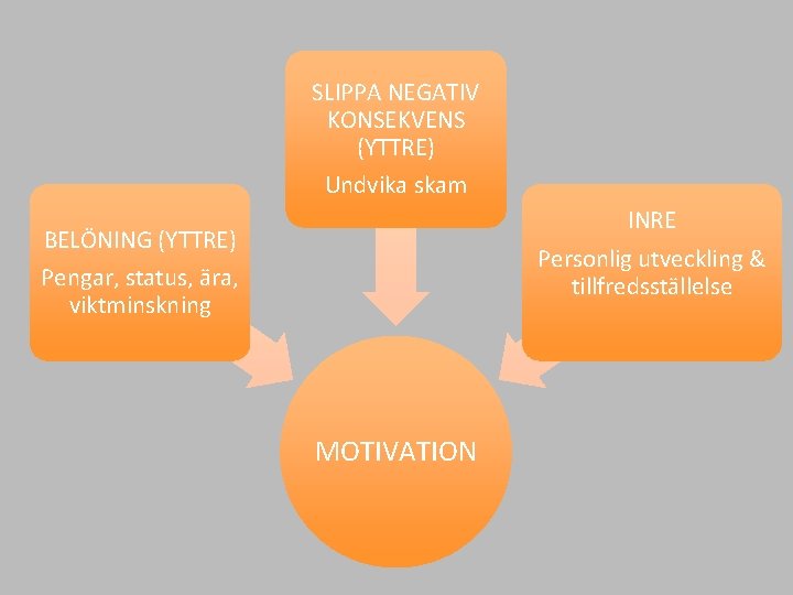 SLIPPA NEGATIV KONSEKVENS (YTTRE) Undvika skam INRE BELÖNING (YTTRE) Personlig utveckling & tillfredsställelse Pengar,