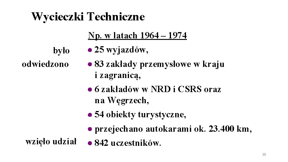 Wycieczki Techniczne Np. w latach 1964 – 1974 było odwiedzono 25 wyjazdów, 83 zakłady Wycieczki Techniczne Np. w latach 1964 – 1974 było odwiedzono 25 wyjazdów, 83 zakłady