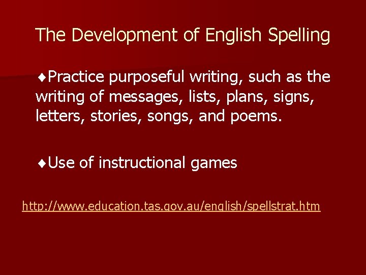 The Development of English Spelling Practice purposeful writing, such as the writing of messages,