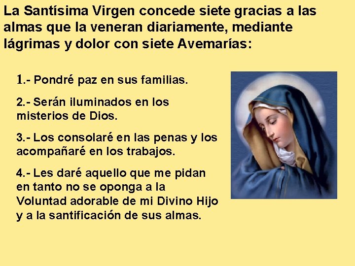 La Santísima Virgen concede siete gracias a las almas que la veneran diariamente, mediante