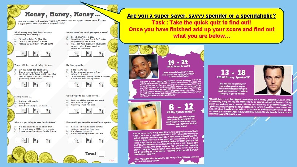 Are you a super saver, savvy spender or a spendaholic? Task : Take the