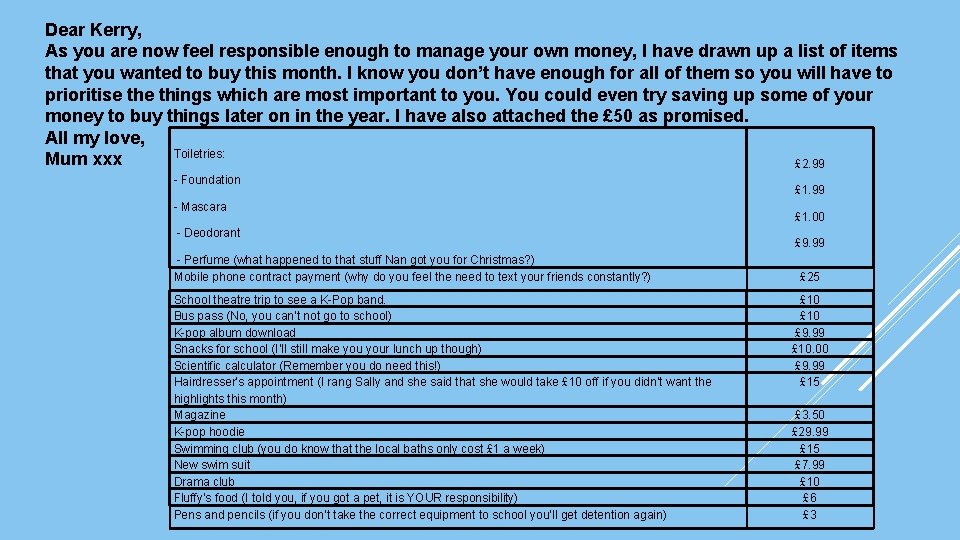 Dear Kerry, As you are now feel responsible enough to manage your own money,