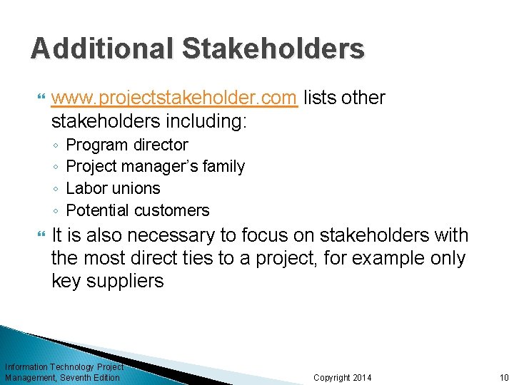 Additional Stakeholders www. projectstakeholder. com lists other stakeholders including: ◦ ◦ Program director Project