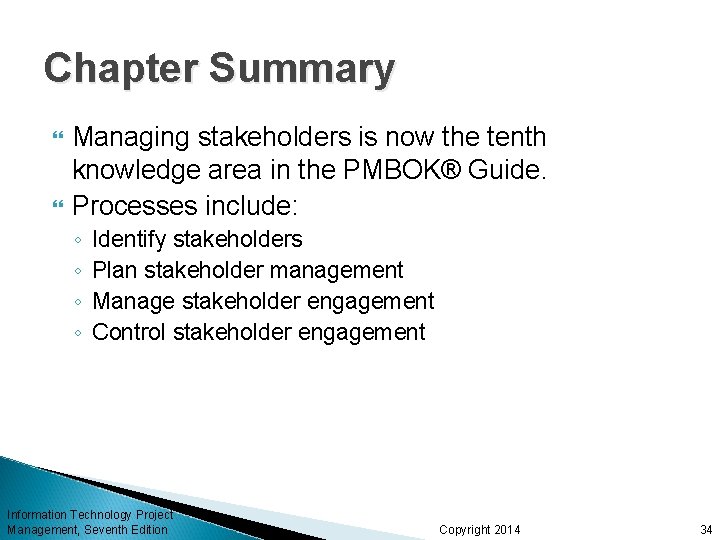 Chapter Summary Managing stakeholders is now the tenth knowledge area in the PMBOK® Guide.