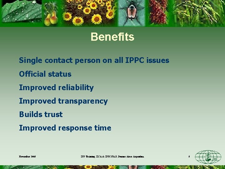 Benefits Single contact person on all IPPC issues Official status Improved reliability Improved transparency