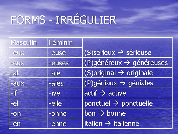 FORMS - IRRÉGULIER Masculin -eux -al -aux -if -el -on -en Féminin -euses -ales
