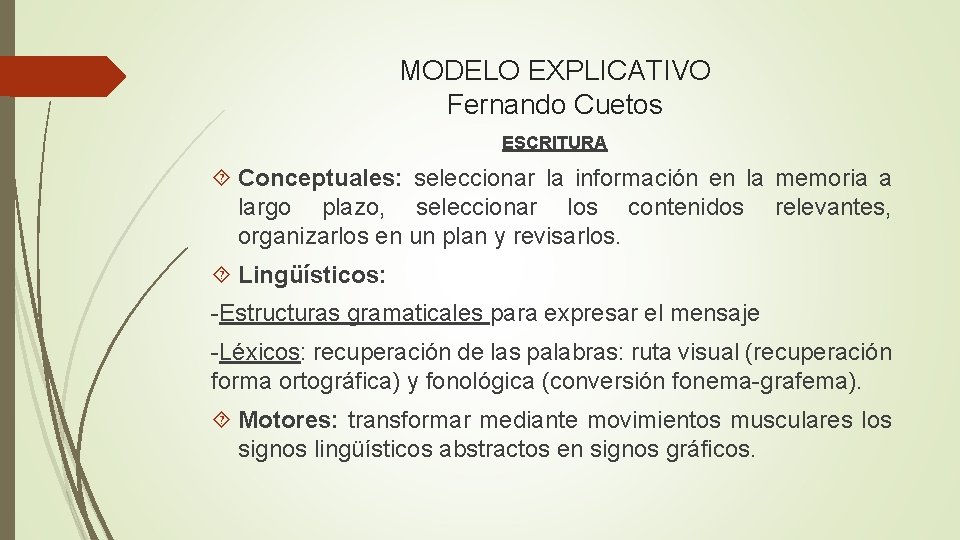 MODELO EXPLICATIVO Fernando Cuetos ESCRITURA Conceptuales: seleccionar la información en la memoria a largo