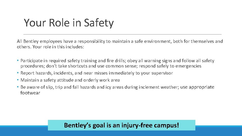 Your Role in Safety All Bentley employees have a responsibility to maintain a safe