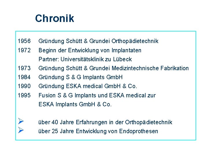 Chronik 1956 Gründung Schütt & Grundei Orthopädietechnik 1972 Beginn der Entwicklung von Implantaten Partner: