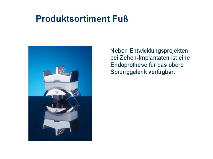 Produktsortiment Fuß Neben Entwicklungsprojekten bei Zehen-Implantaten ist eine Endoprothese für das obere Sprunggelenk verfügbar. Produktsortiment Fuß Neben Entwicklungsprojekten bei Zehen-Implantaten ist eine Endoprothese für das obere Sprunggelenk verfügbar.
