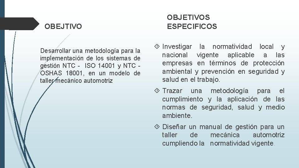 OBEJTIVO Desarrollar una metodología para la implementación de los sistemas de gestión NTC -