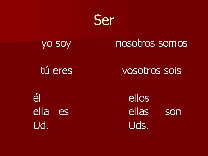 Ser yo soy nosotros somos tú eres vosotros sois él ella es Ud. ellos