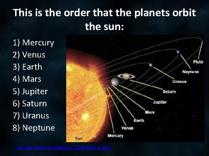 This is the order that the planets orbit the sun: 1) Mercury 2) Venus