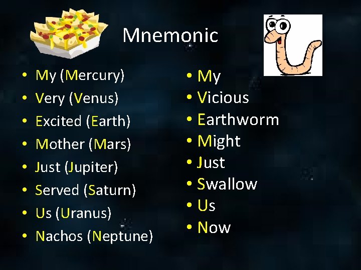 Mnemonic • • My (Mercury) Very (Venus) Excited (Earth) Mother (Mars) Just (Jupiter) Served