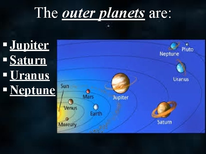 The outer planets are: Jupiter Saturn Uranus Neptune 